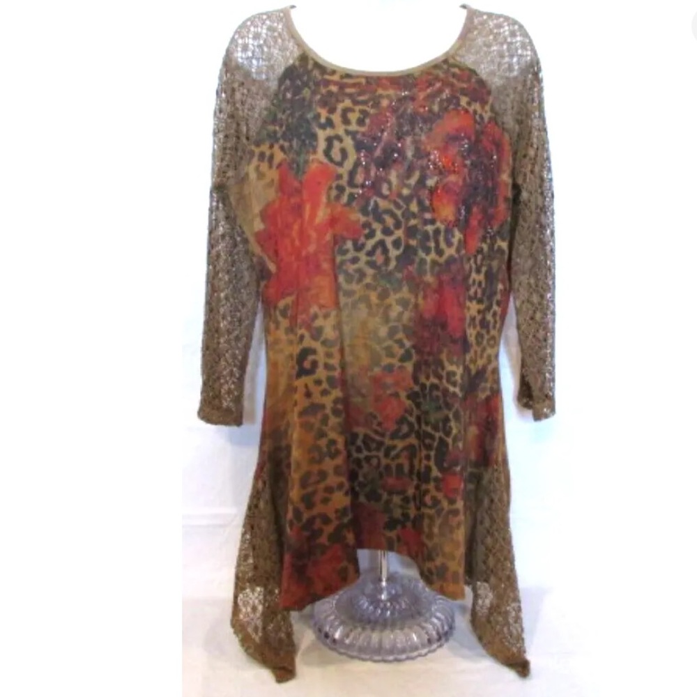 Leopard, Floral and Rhinestone Crochet Blouse